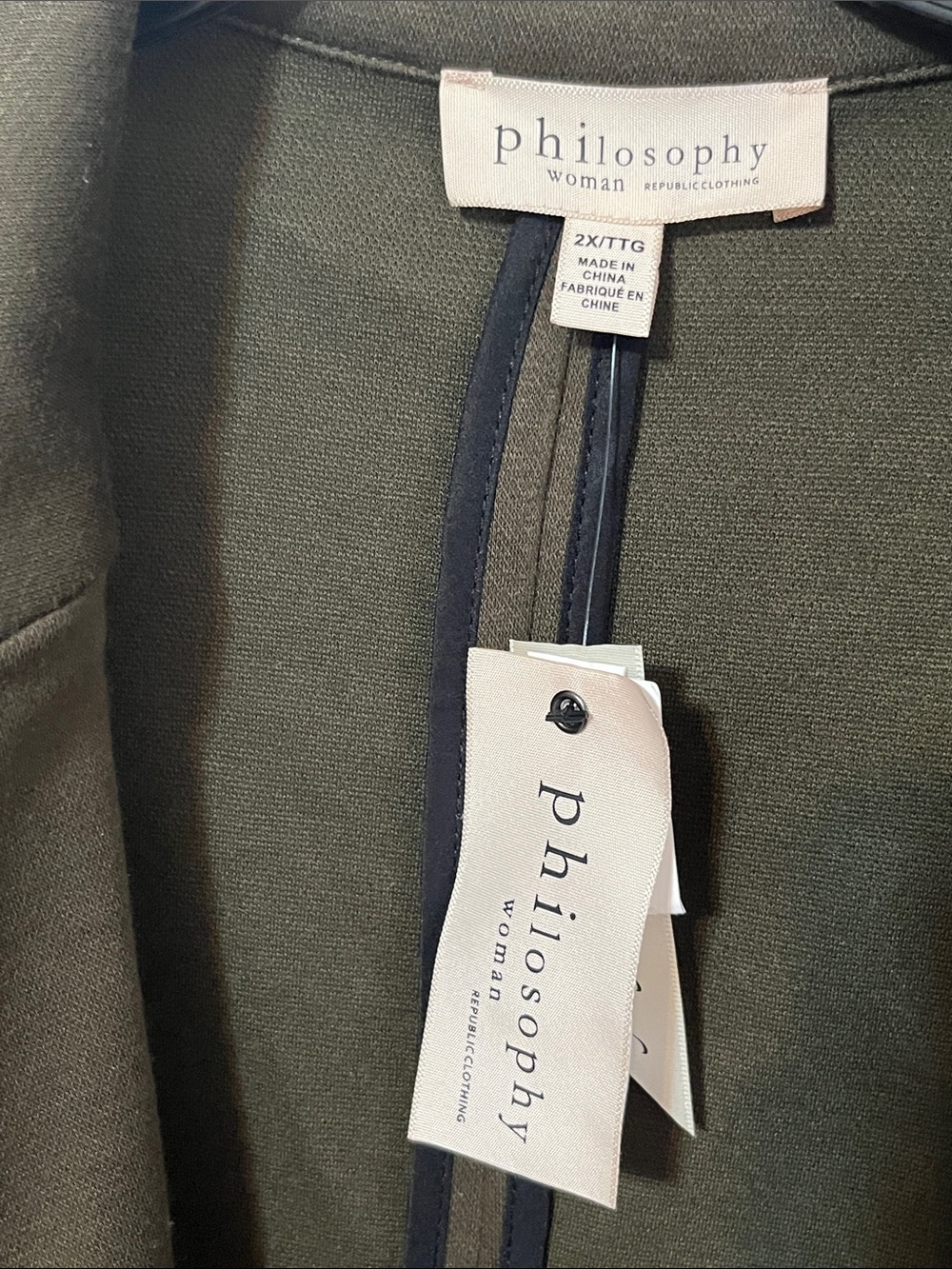 Philosophy Olive Open-Front Blazer Shacket Oversized 2x 💚 Padded Shoulder Pads - Picture 2 of 8